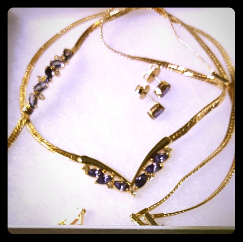 NWOT-Amethyst and Gold Necklace, Bracelet and E